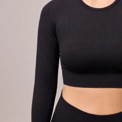 Geripptes Sportshirt langarm Damen aus recyceltem Polyamid