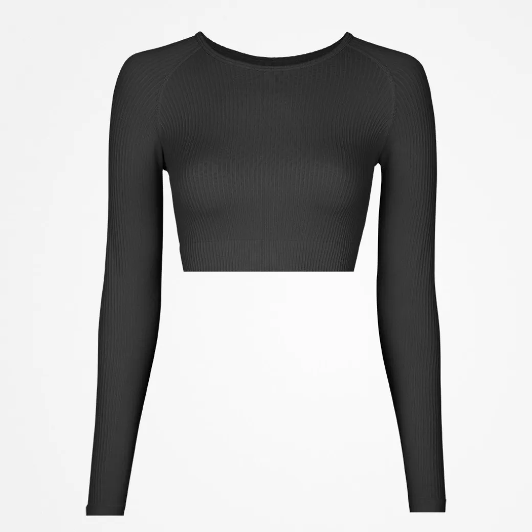 Geripptes Sportshirt langarm Damen aus recyceltem Polyamid